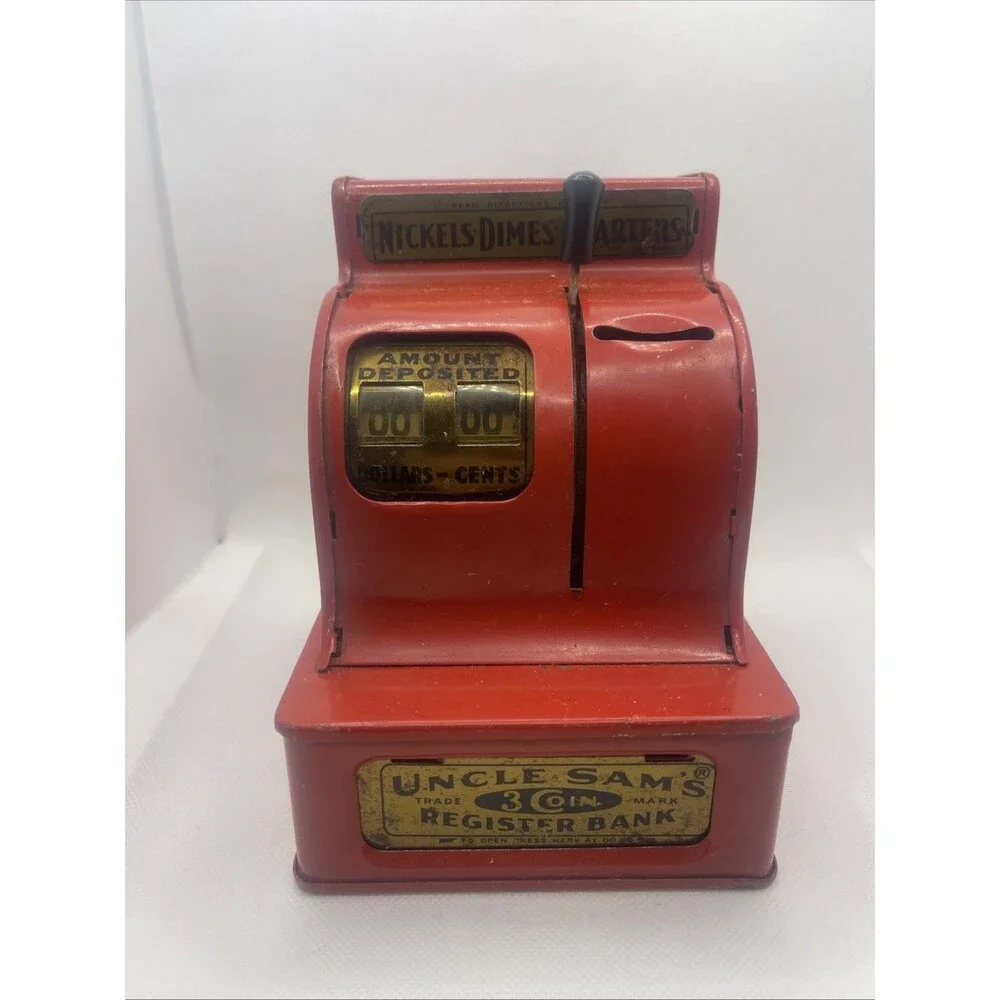 VINTAGE METAL Bank-UNCLE SAM'S  3-COIN Register Bank RED